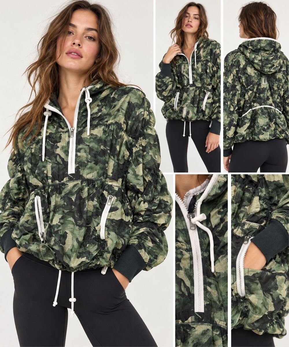Free People Movement Camo Hooded Windbreaker Pullover Jacket Green